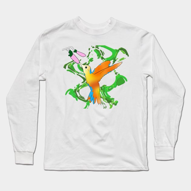 Hummingbird in Hot Orange Colors - Line Art Long Sleeve T-Shirt by ibadishi